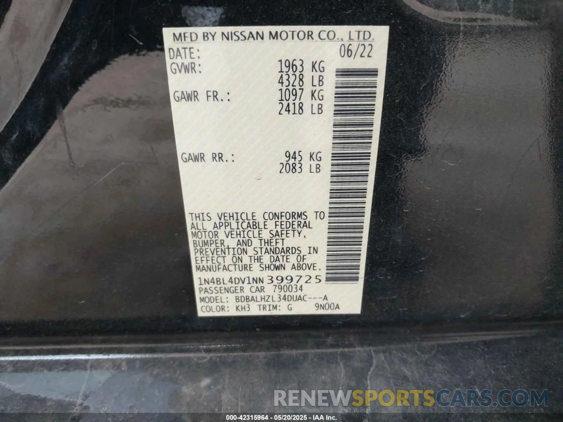 9 Photograph of a damaged car 1N4BL4DV1NN399725 NISSAN ALTIMA 2022