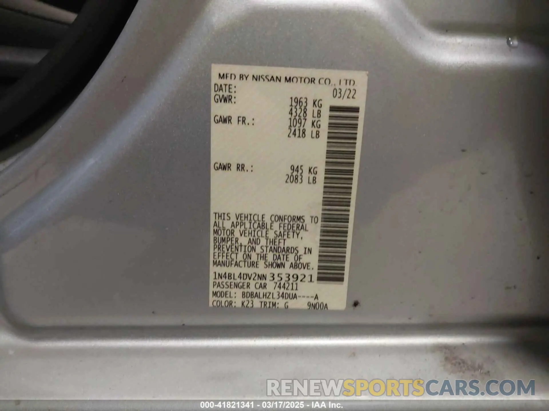 9 Photograph of a damaged car 1N4BL4DV2NN353921 NISSAN ALTIMA 2022