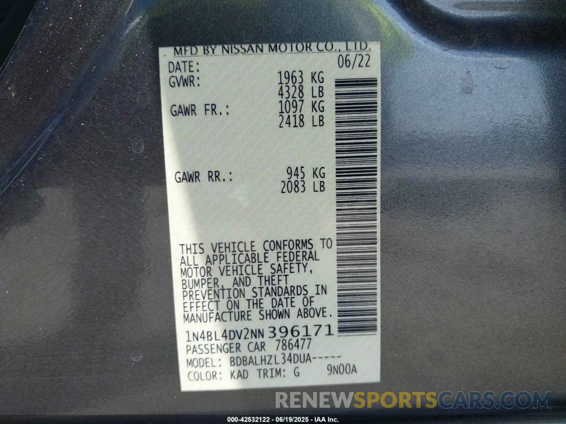 9 Photograph of a damaged car 1N4BL4DV2NN396171 NISSAN ALTIMA 2022