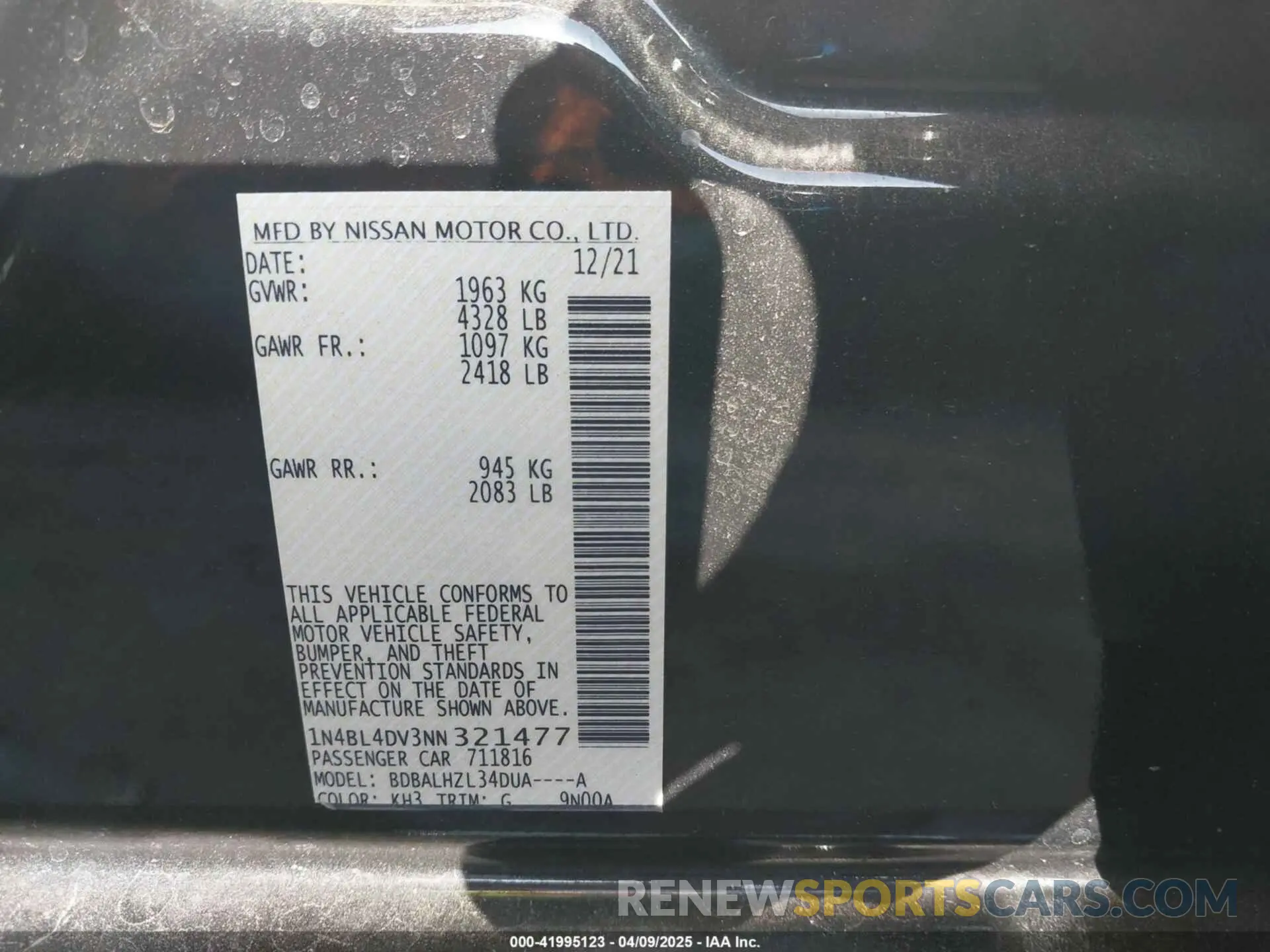 9 Photograph of a damaged car 1N4BL4DV3NN321477 NISSAN ALTIMA 2022