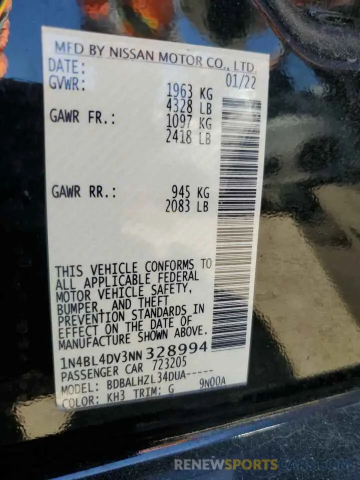 12 Photograph of a damaged car 1N4BL4DV3NN328994 NISSAN ALTIMA 2022