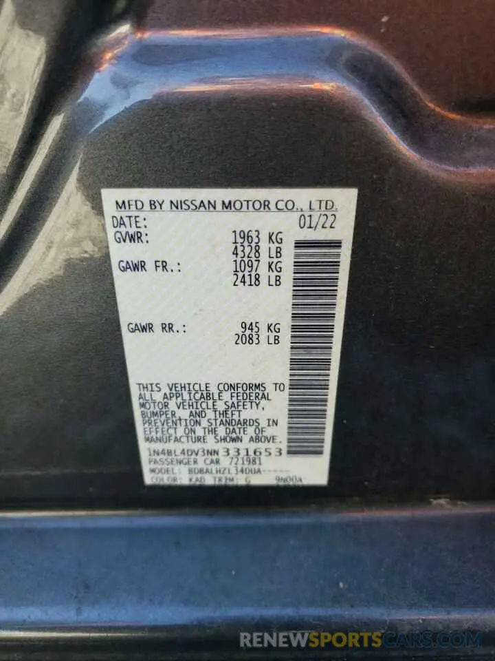 12 Photograph of a damaged car 1N4BL4DV3NN331653 NISSAN ALTIMA 2022