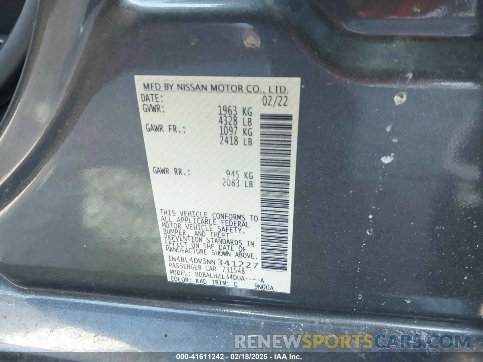 9 Photograph of a damaged car 1N4BL4DV3NN341227 NISSAN ALTIMA 2022