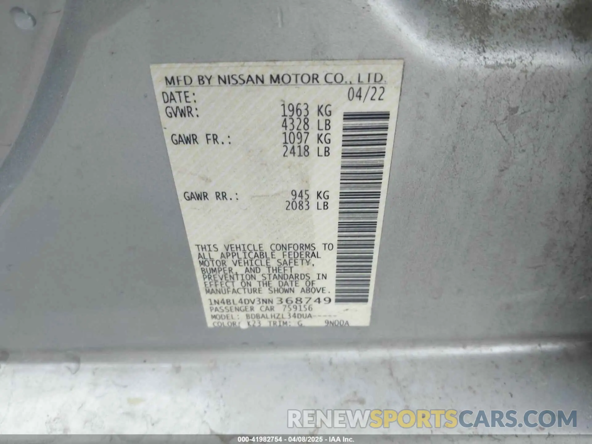 9 Photograph of a damaged car 1N4BL4DV3NN368749 NISSAN ALTIMA 2022