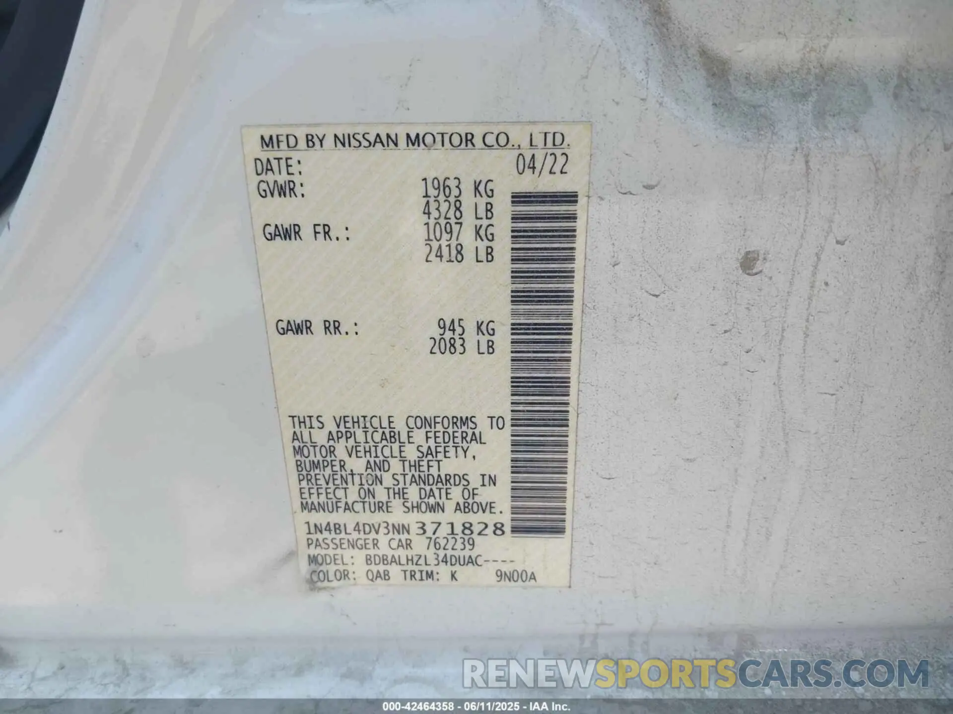 9 Photograph of a damaged car 1N4BL4DV3NN371828 NISSAN ALTIMA 2022