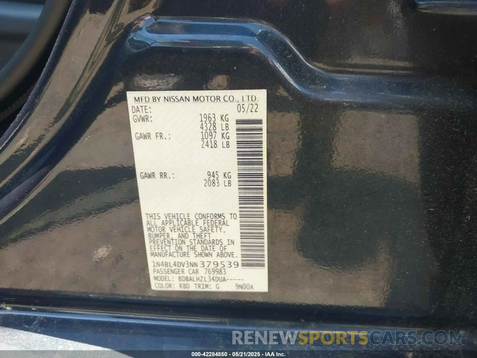 9 Photograph of a damaged car 1N4BL4DV3NN379539 NISSAN ALTIMA 2022