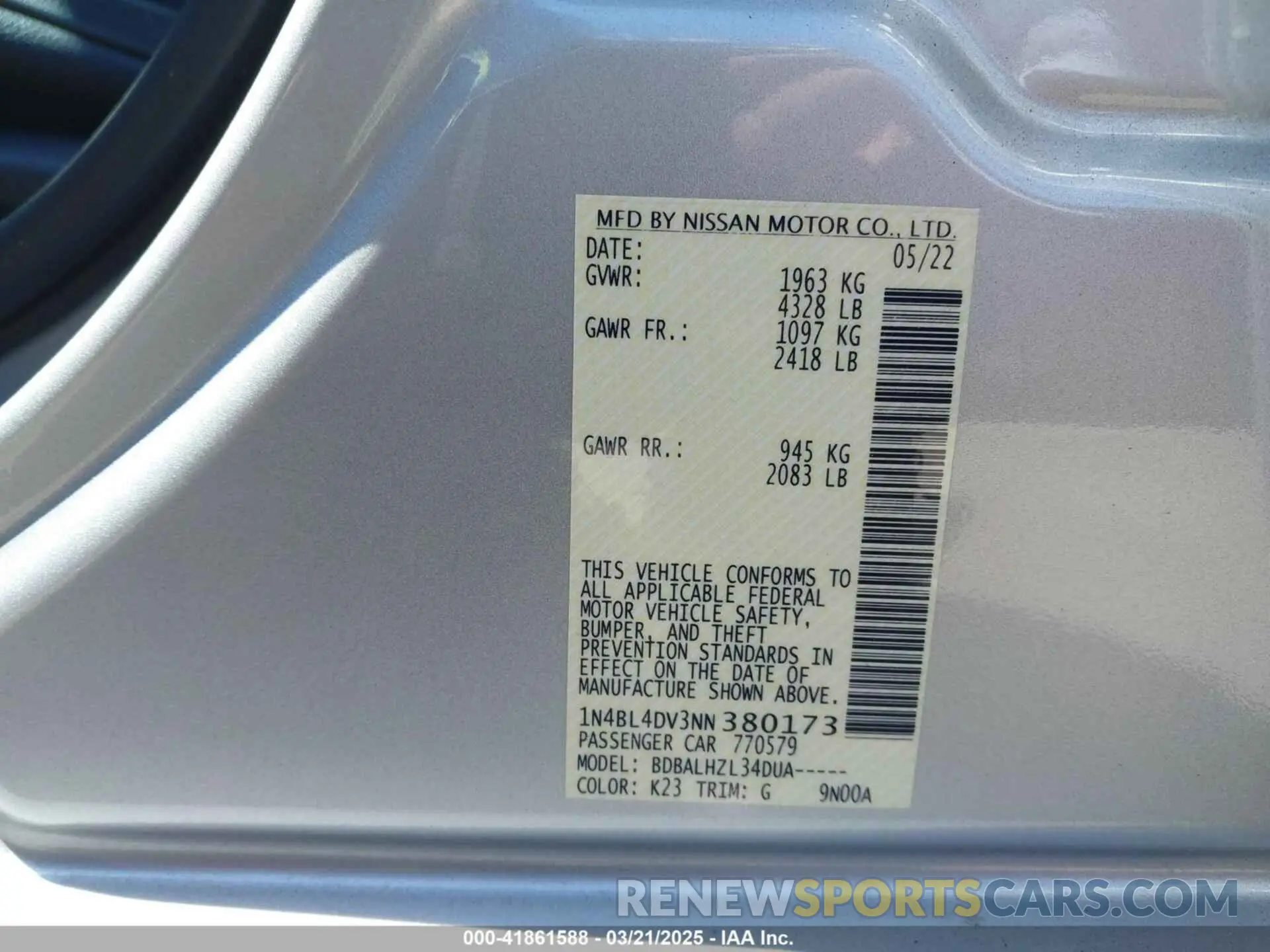 9 Photograph of a damaged car 1N4BL4DV3NN380173 NISSAN ALTIMA 2022