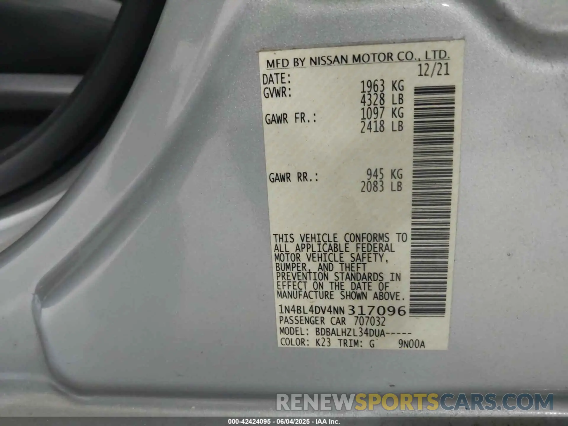 9 Photograph of a damaged car 1N4BL4DV4NN317096 NISSAN ALTIMA 2022