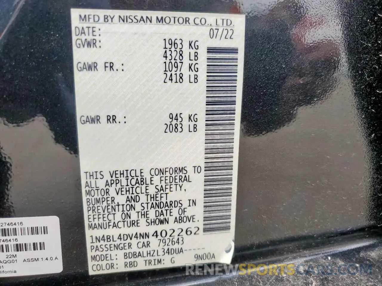 13 Photograph of a damaged car 1N4BL4DV4NN402262 NISSAN ALTIMA 2022