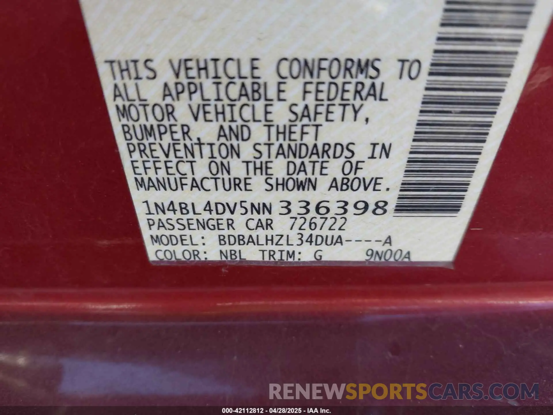 9 Photograph of a damaged car 1N4BL4DV5NN336398 NISSAN ALTIMA 2022