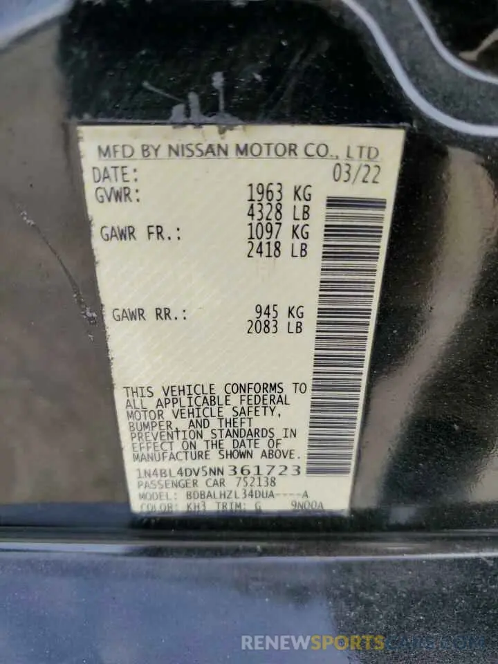 12 Photograph of a damaged car 1N4BL4DV5NN361723 NISSAN ALTIMA 2022