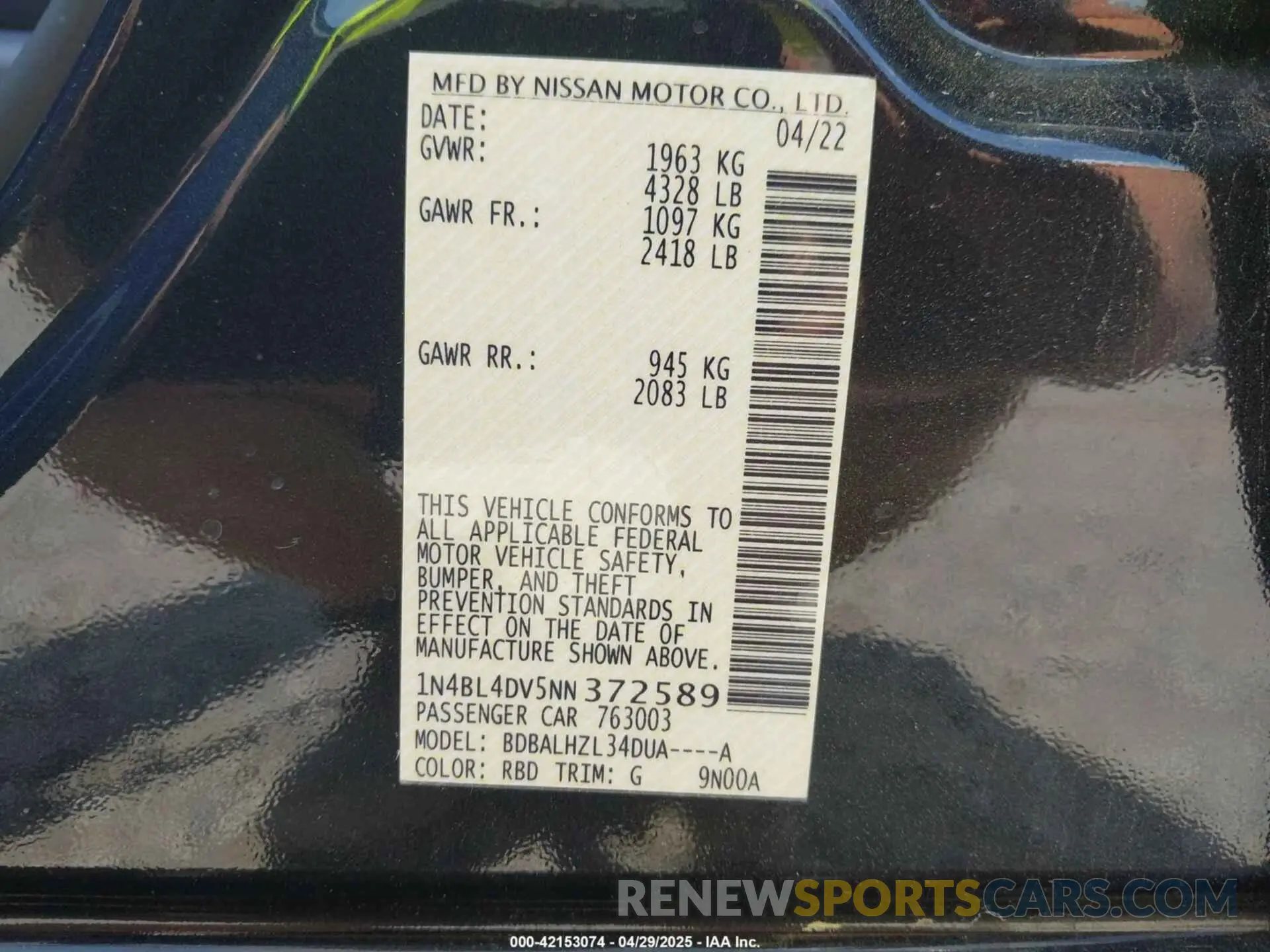 9 Photograph of a damaged car 1N4BL4DV5NN372589 NISSAN ALTIMA 2022