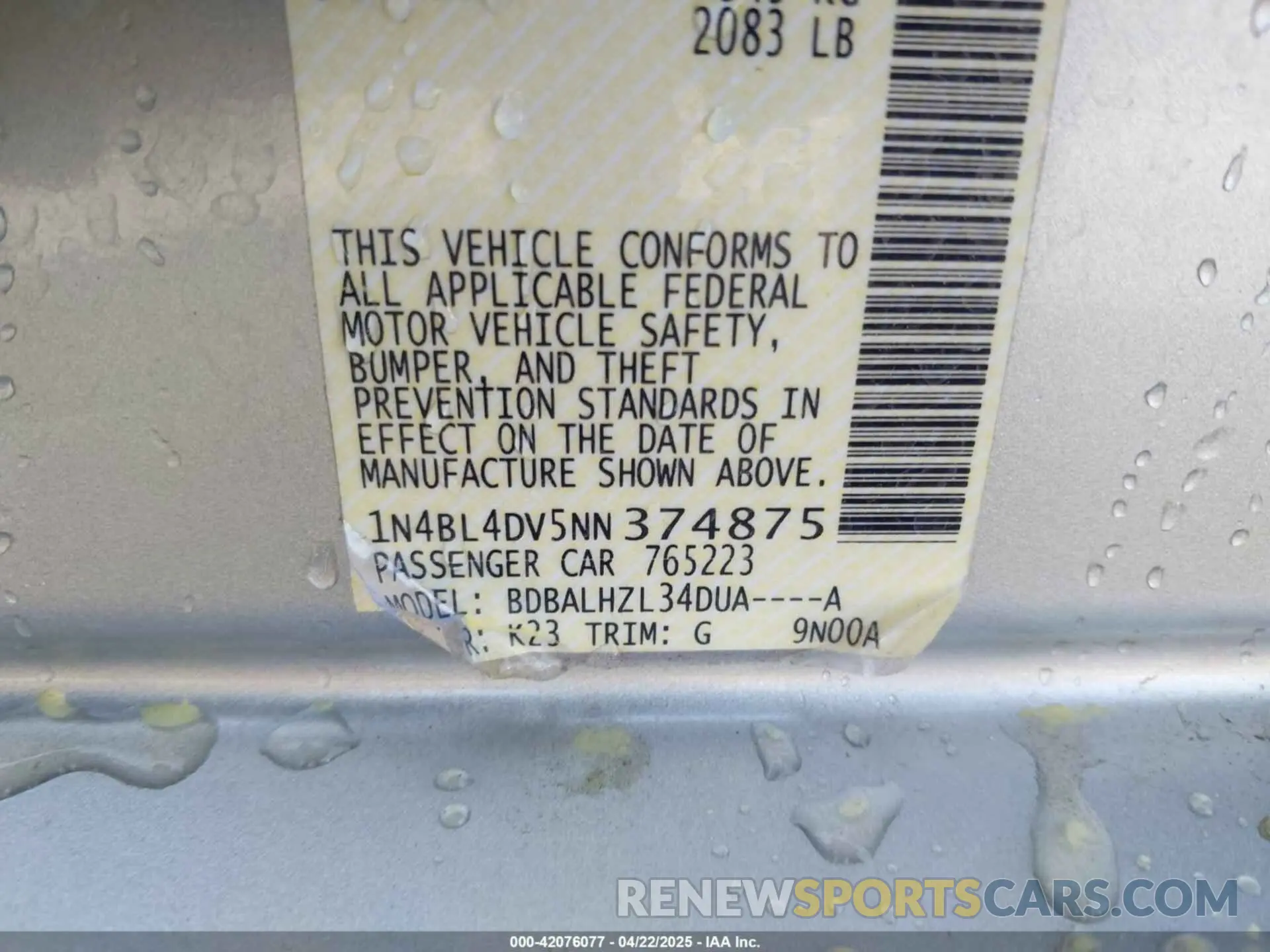 9 Photograph of a damaged car 1N4BL4DV5NN374875 NISSAN ALTIMA 2022