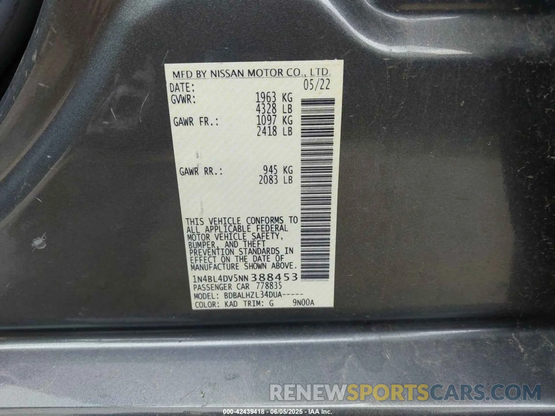 9 Photograph of a damaged car 1N4BL4DV5NN388453 NISSAN ALTIMA 2022