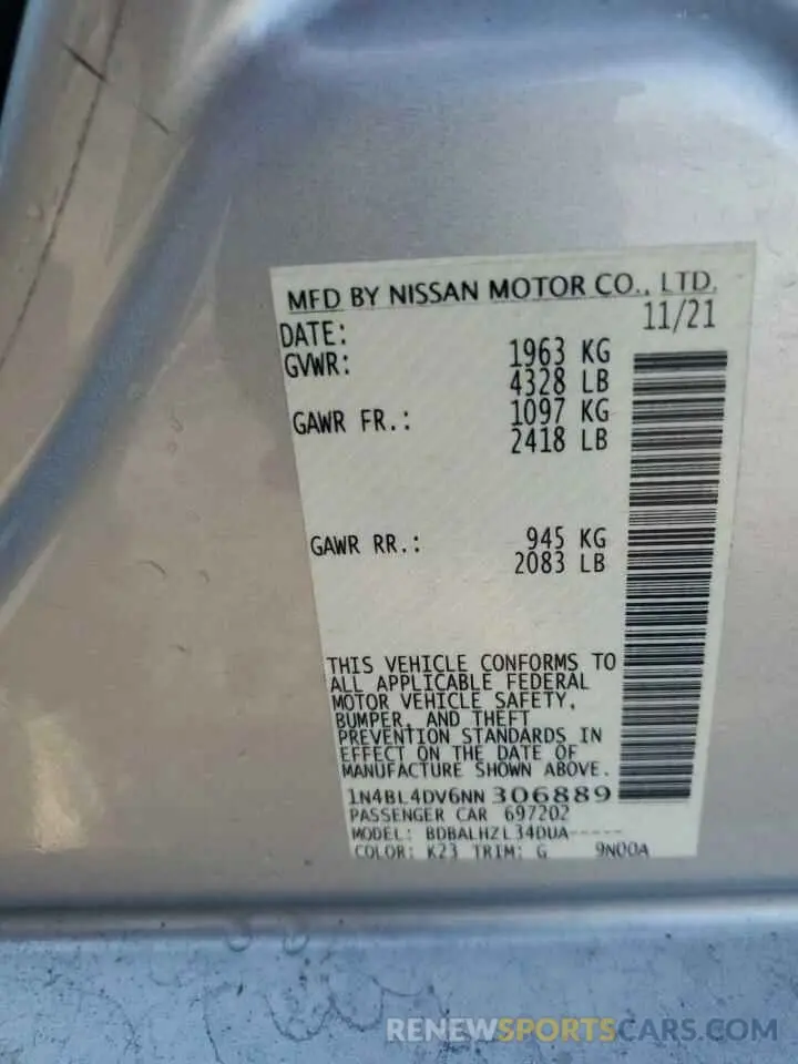 12 Photograph of a damaged car 1N4BL4DV6NN306889 NISSAN ALTIMA 2022
