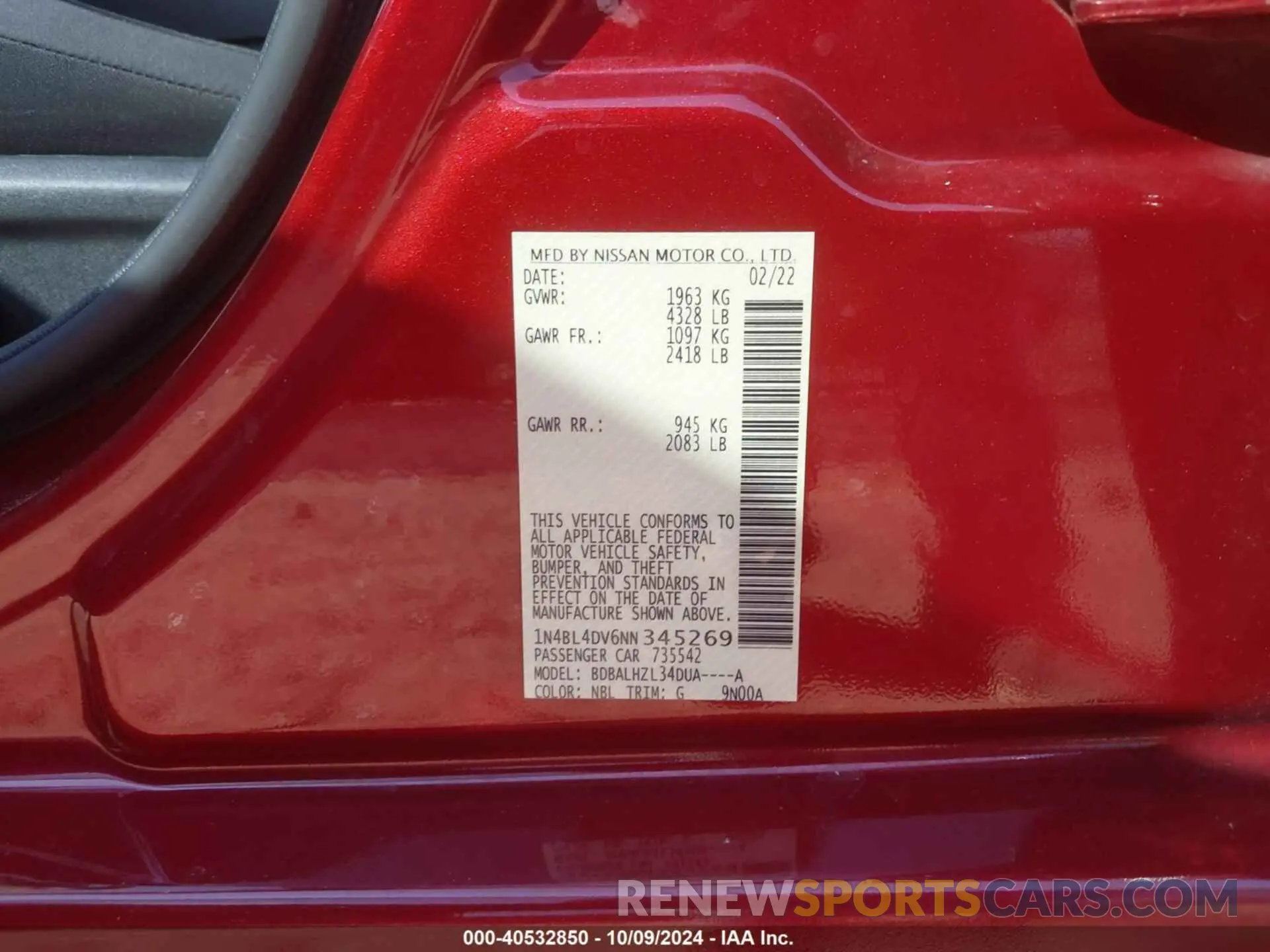 9 Photograph of a damaged car 1N4BL4DV6NN345269 NISSAN ALTIMA 2022