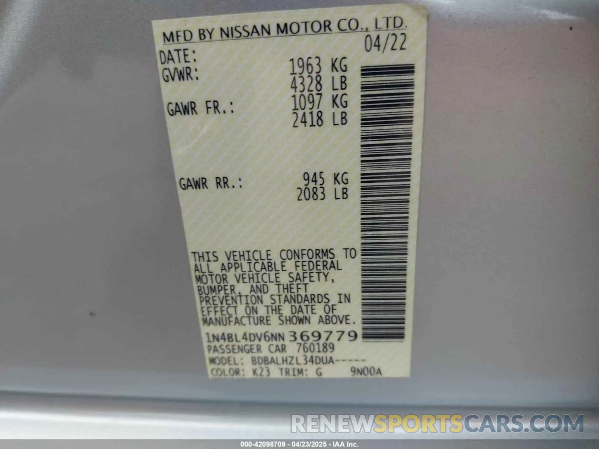 9 Photograph of a damaged car 1N4BL4DV6NN369779 NISSAN ALTIMA 2022