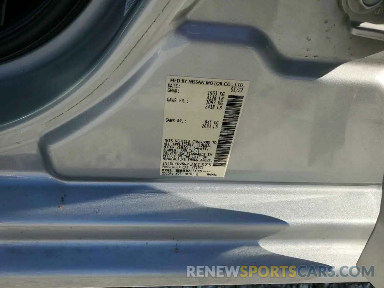 12 Photograph of a damaged car 1N4BL4DV6NN381575 NISSAN ALTIMA 2022