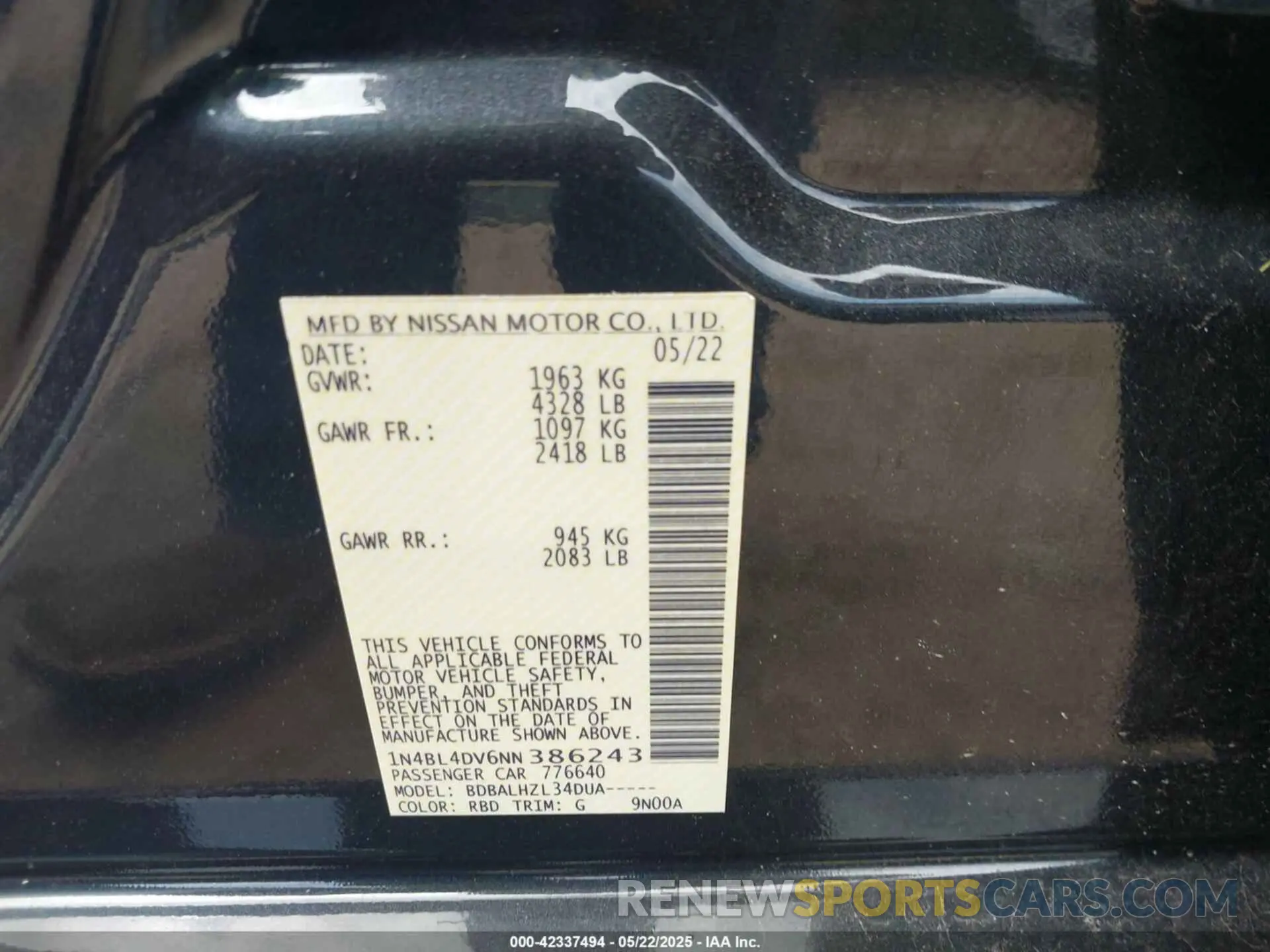 9 Photograph of a damaged car 1N4BL4DV6NN386243 NISSAN ALTIMA 2022