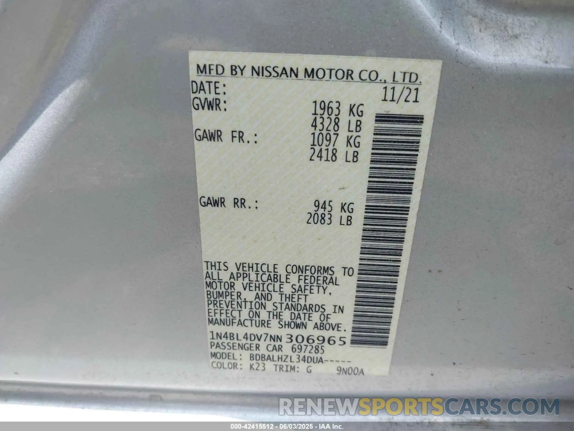 9 Photograph of a damaged car 1N4BL4DV7NN306965 NISSAN ALTIMA 2022