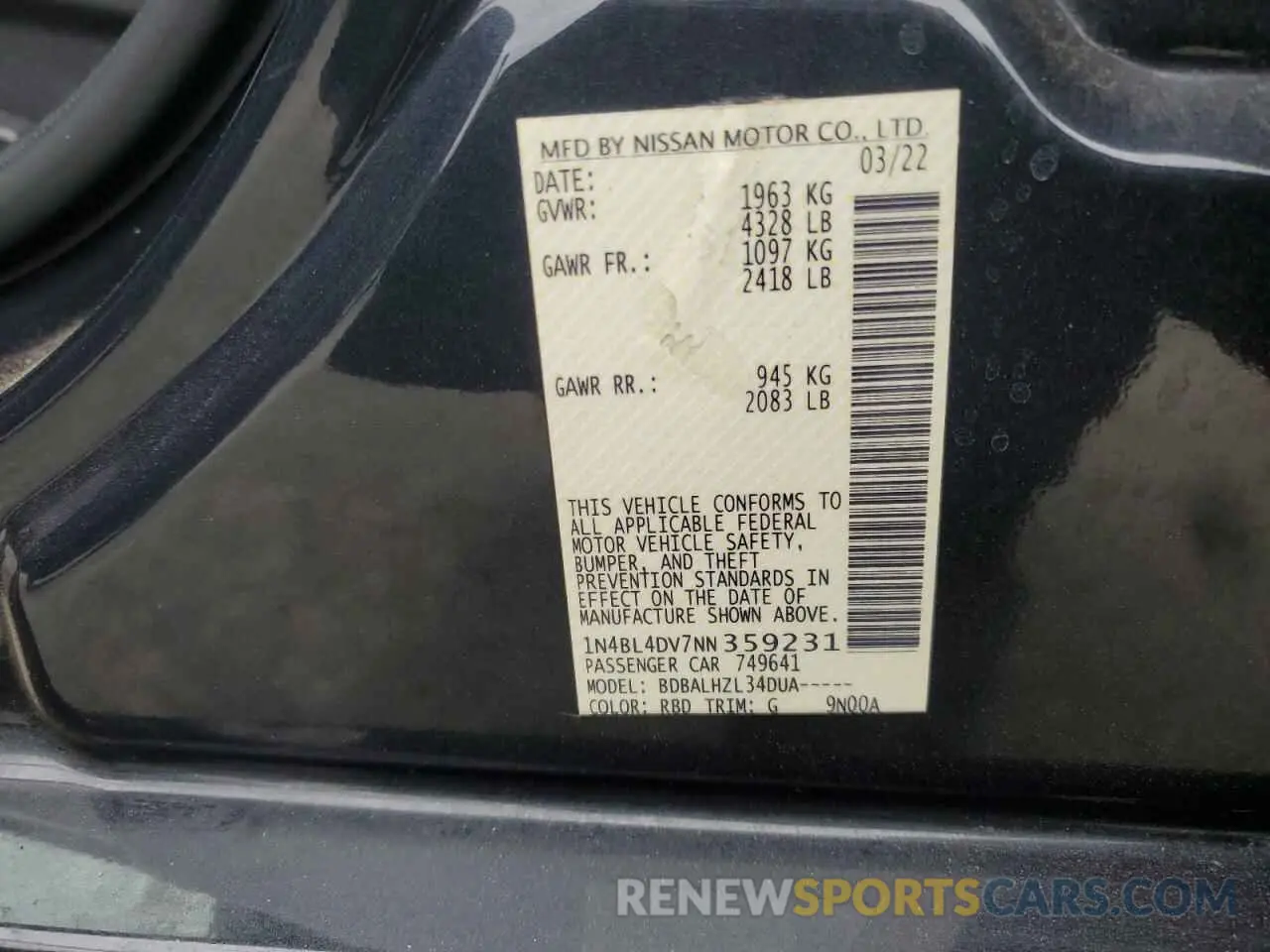 12 Photograph of a damaged car 1N4BL4DV7NN359231 NISSAN ALTIMA 2022