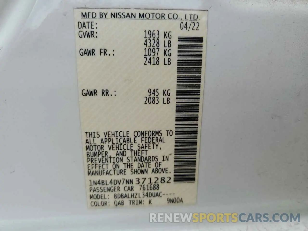 14 Photograph of a damaged car 1N4BL4DV7NN371282 NISSAN ALTIMA 2022