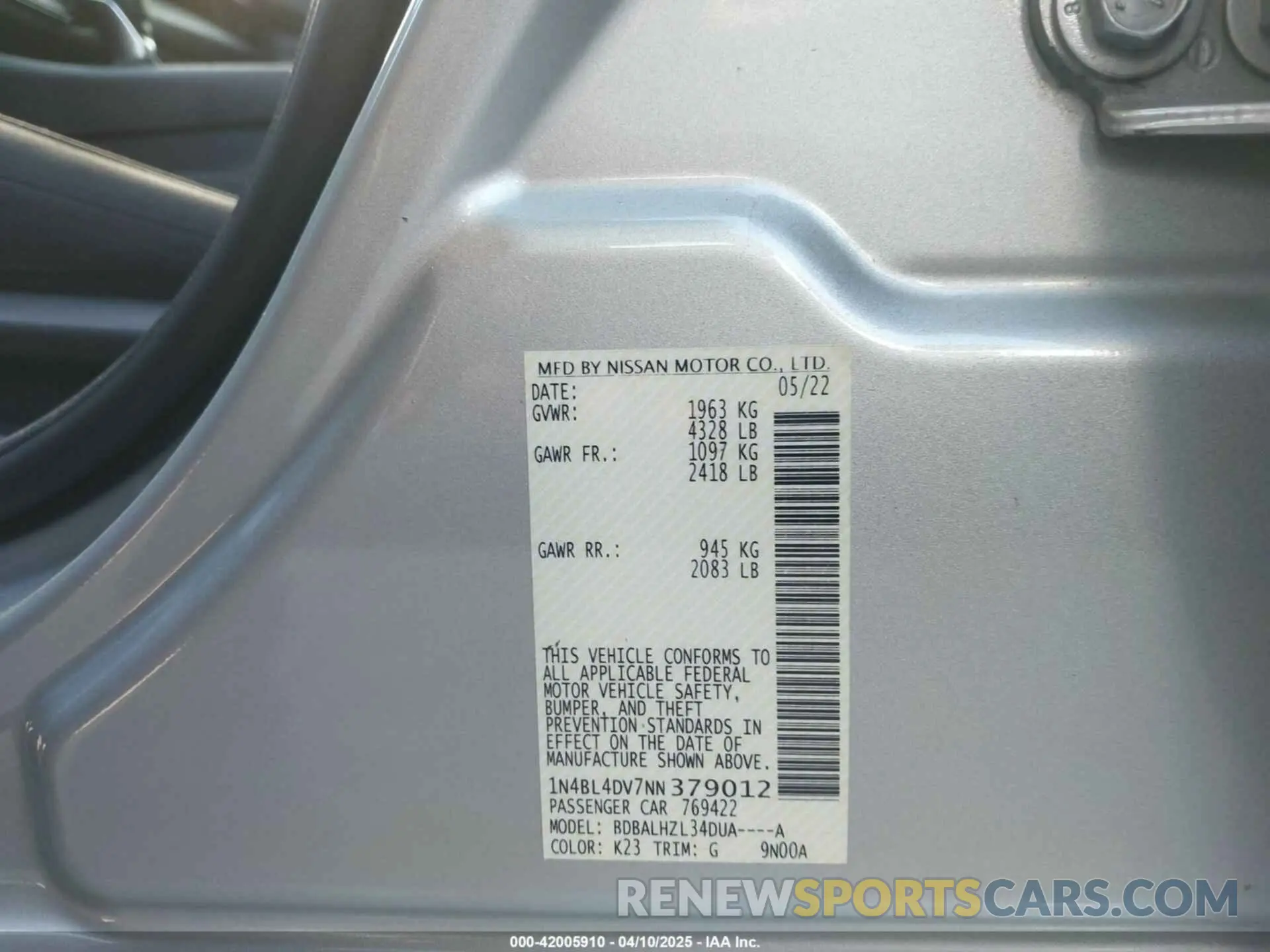 9 Photograph of a damaged car 1N4BL4DV7NN379012 NISSAN ALTIMA 2022