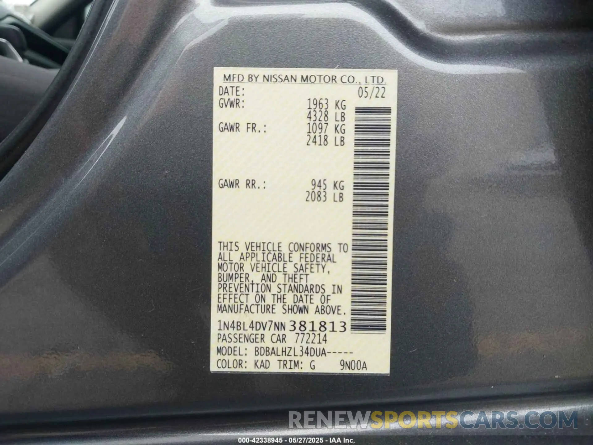 9 Photograph of a damaged car 1N4BL4DV7NN381813 NISSAN ALTIMA 2022