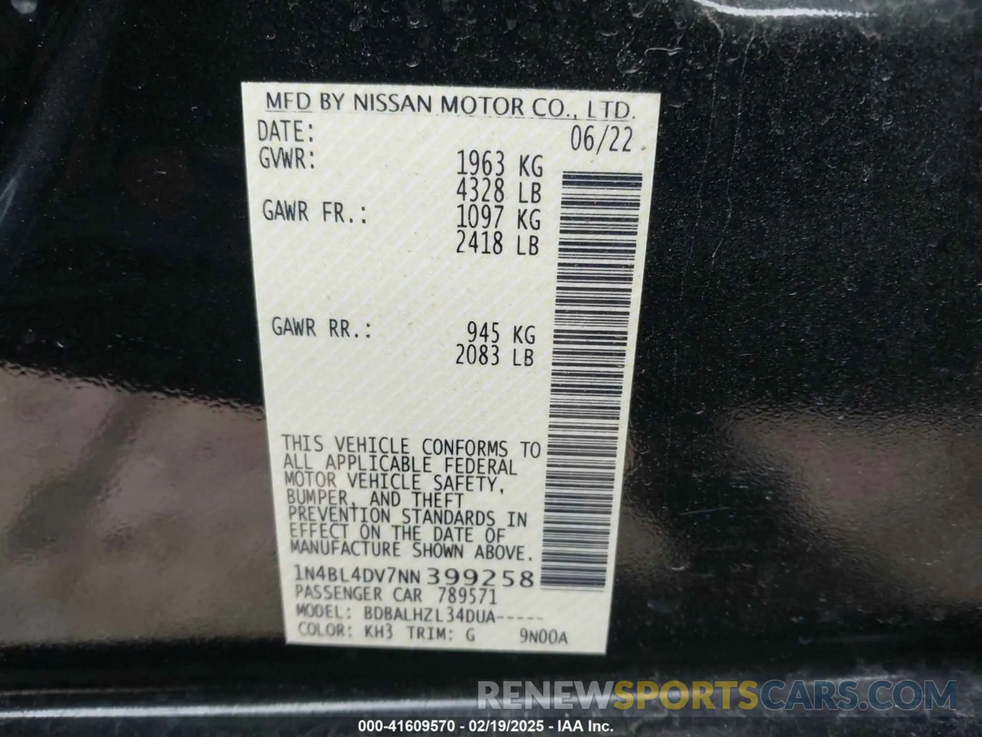 9 Photograph of a damaged car 1N4BL4DV7NN399258 NISSAN ALTIMA 2022