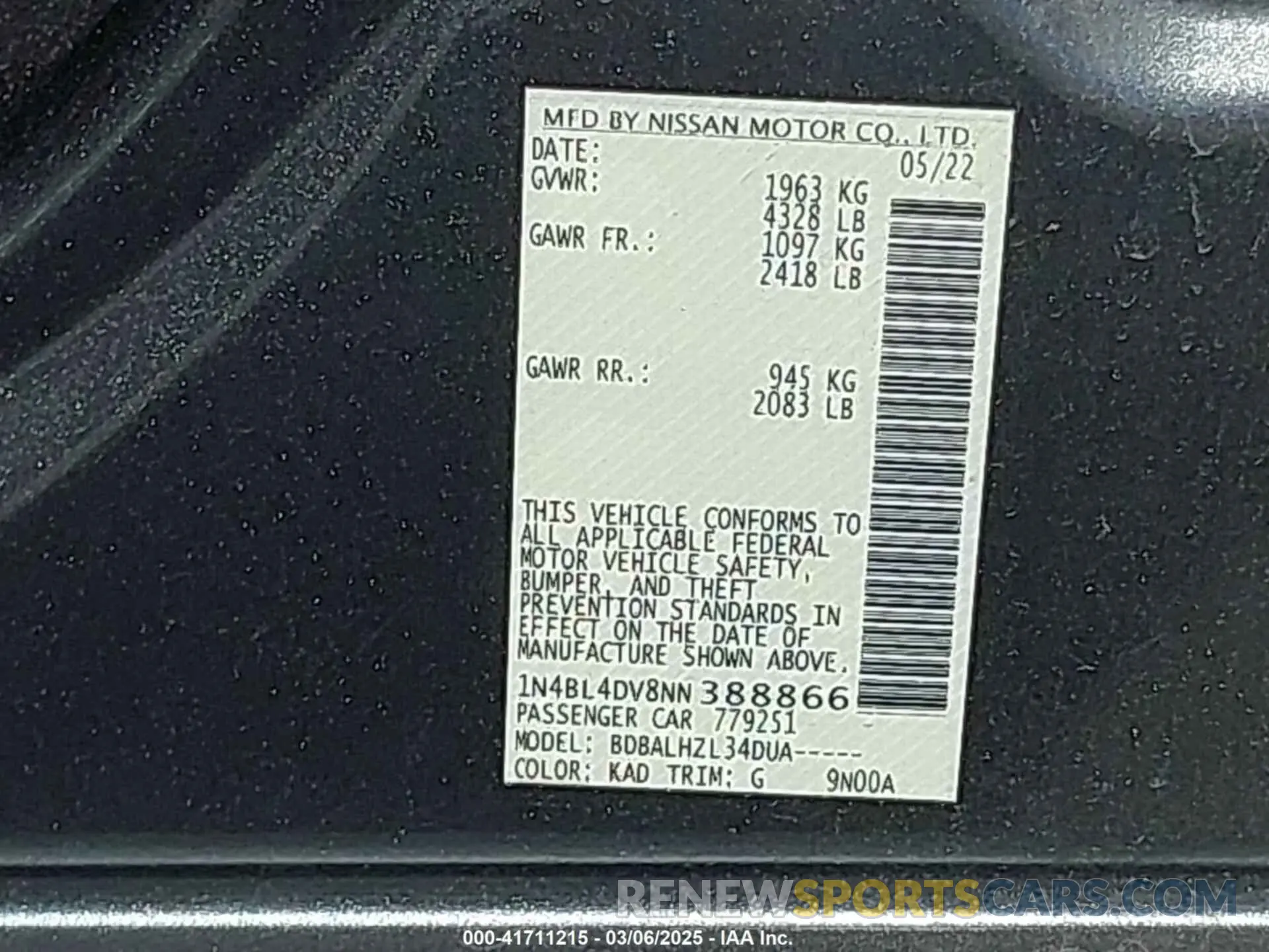 9 Photograph of a damaged car 1N4BL4DV8NN388866 NISSAN ALTIMA 2022