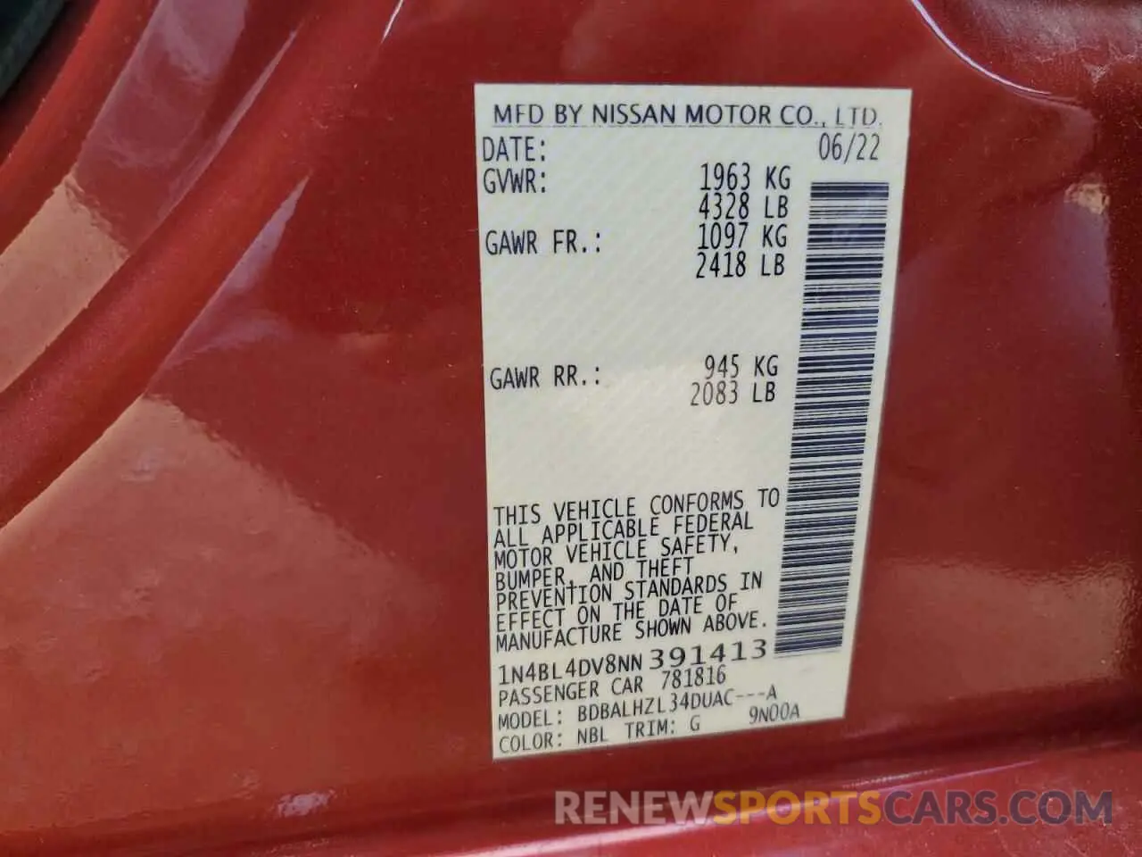 13 Photograph of a damaged car 1N4BL4DV8NN391413 NISSAN ALTIMA 2022