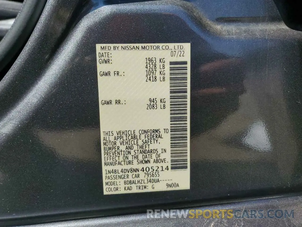 13 Photograph of a damaged car 1N4BL4DV8NN405214 NISSAN ALTIMA 2022
