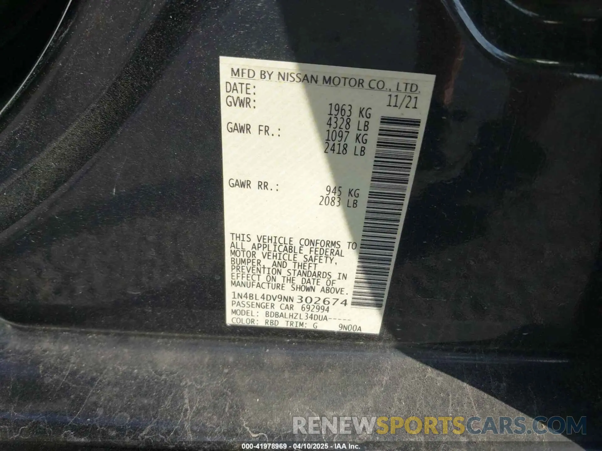 9 Photograph of a damaged car 1N4BL4DV9NN302674 NISSAN ALTIMA 2022