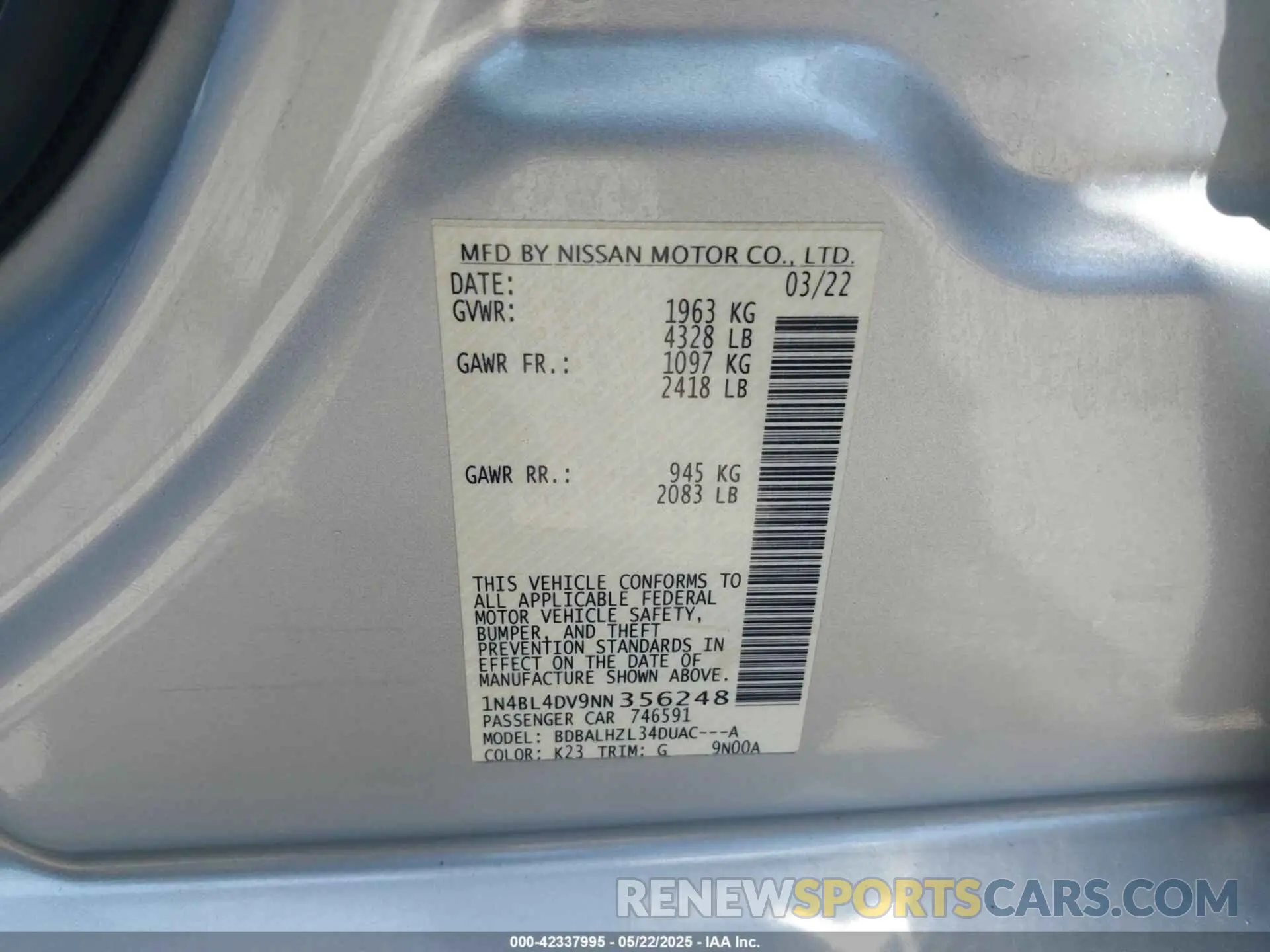 9 Photograph of a damaged car 1N4BL4DV9NN356248 NISSAN ALTIMA 2022