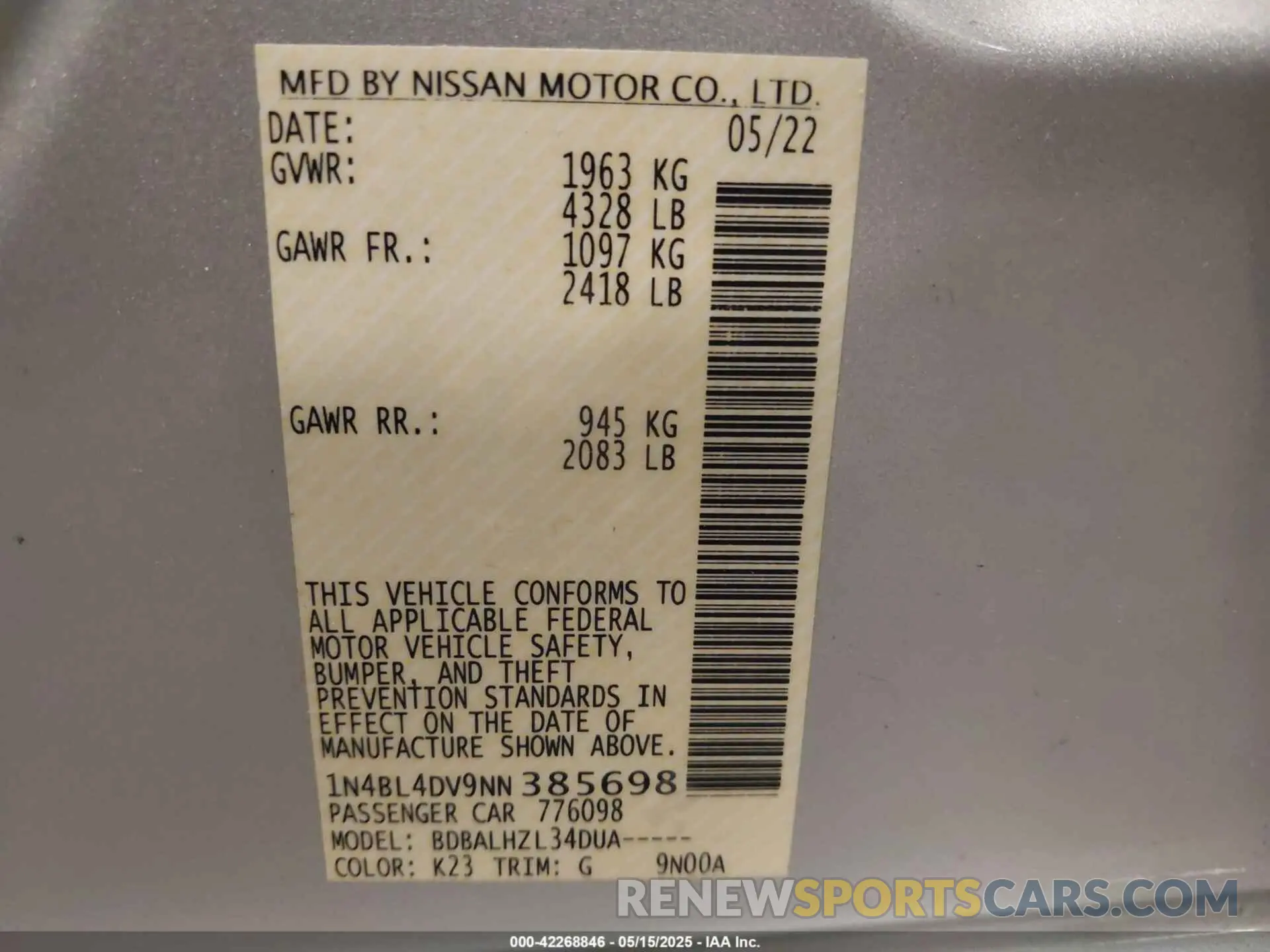 9 Photograph of a damaged car 1N4BL4DV9NN385698 NISSAN ALTIMA 2022