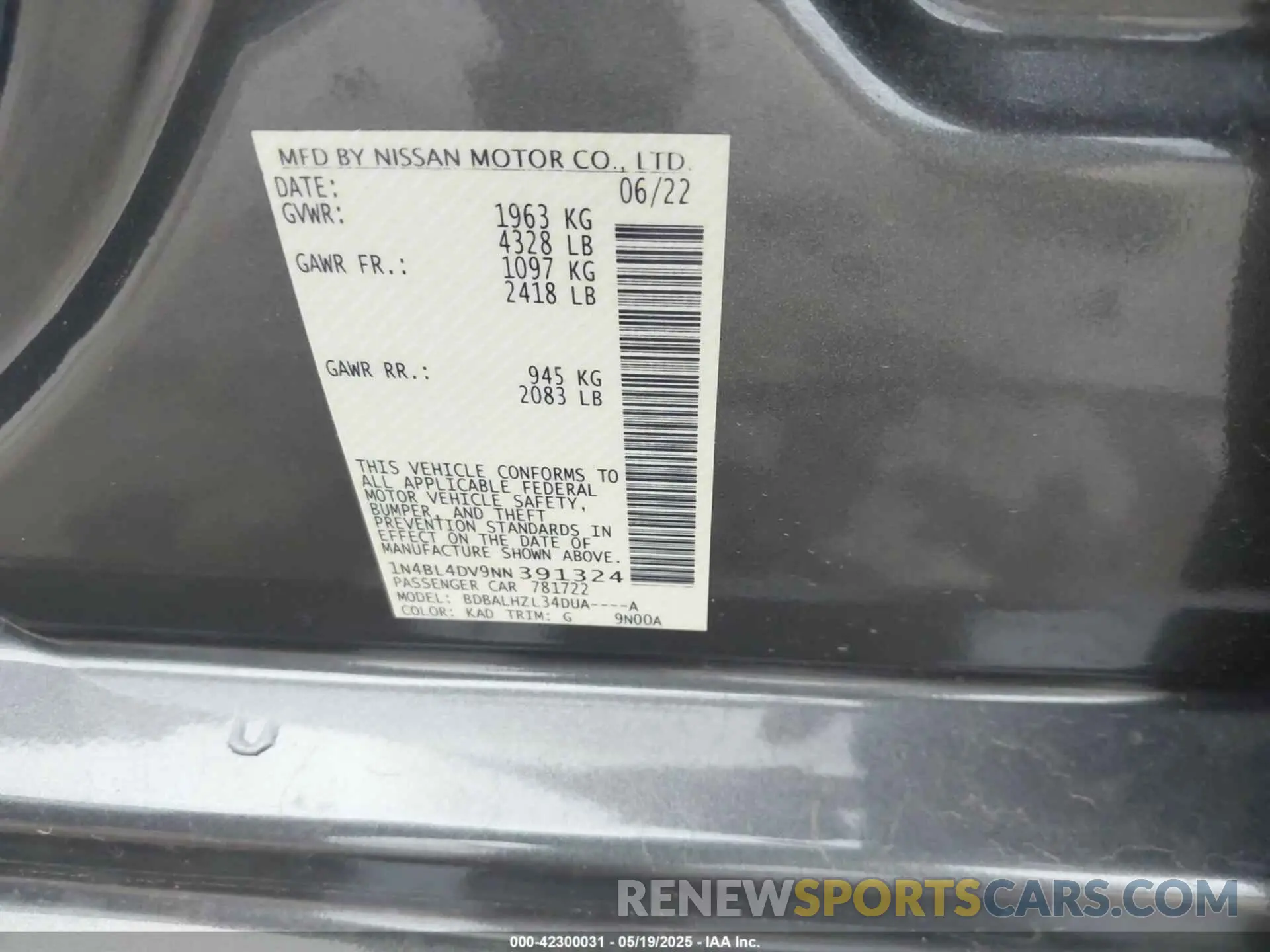 9 Photograph of a damaged car 1N4BL4DV9NN391324 NISSAN ALTIMA 2022