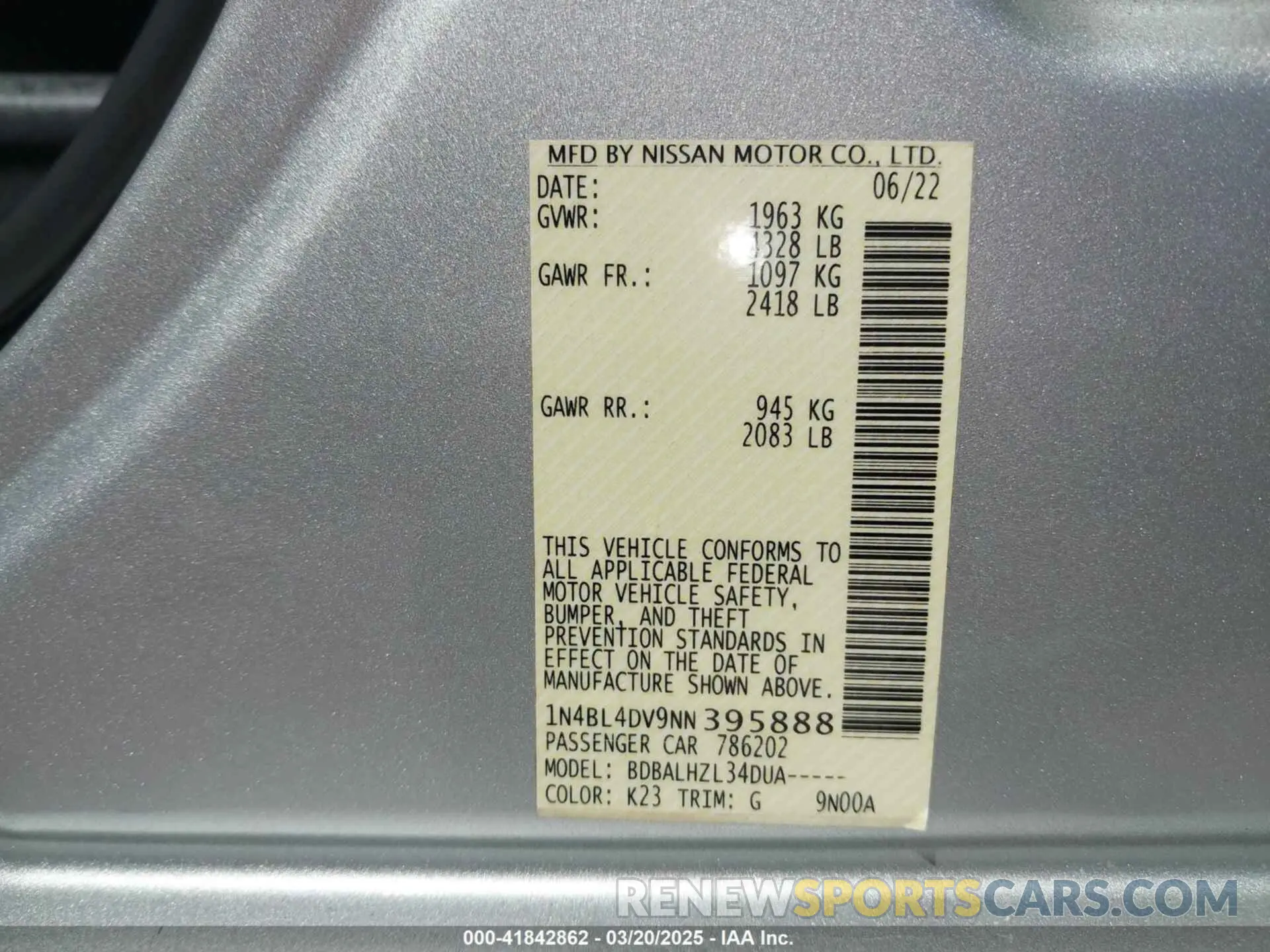 9 Photograph of a damaged car 1N4BL4DV9NN395888 NISSAN ALTIMA 2022