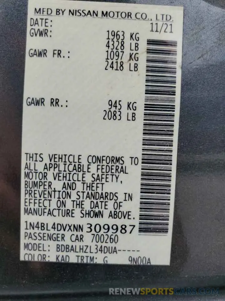 14 Photograph of a damaged car 1N4BL4DVXNN309987 NISSAN ALTIMA 2022