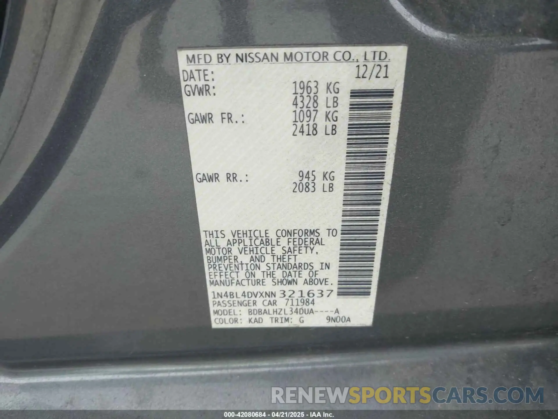 9 Photograph of a damaged car 1N4BL4DVXNN321637 NISSAN ALTIMA 2022