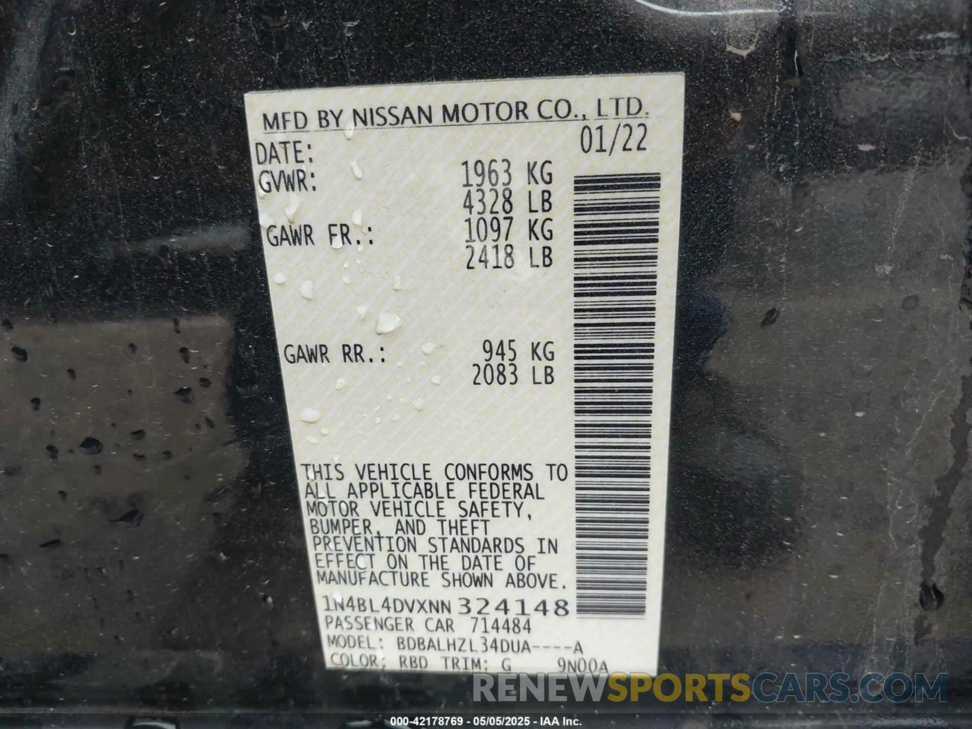 9 Photograph of a damaged car 1N4BL4DVXNN324148 NISSAN ALTIMA 2022