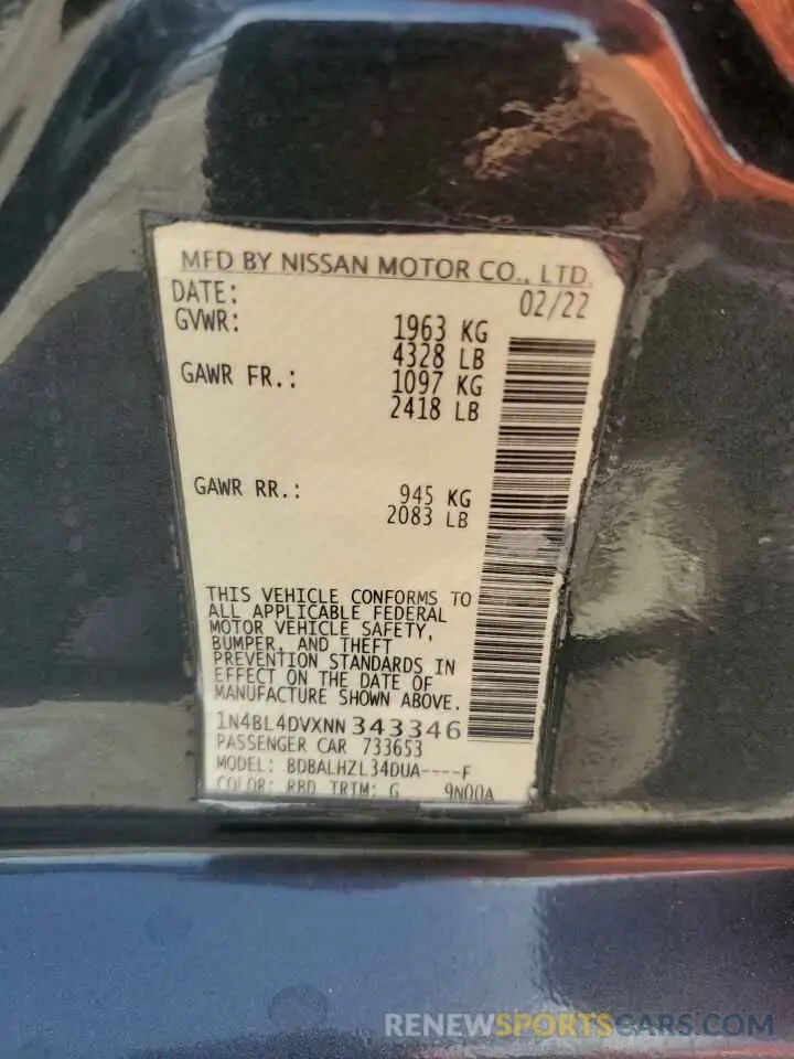 12 Photograph of a damaged car 1N4BL4DVXNN343346 NISSAN ALTIMA 2022