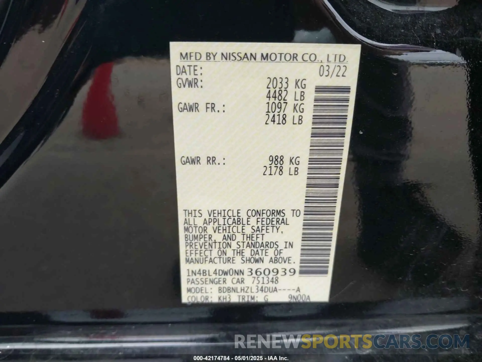 9 Photograph of a damaged car 1N4BL4DW0NN360939 NISSAN ALTIMA 2022
