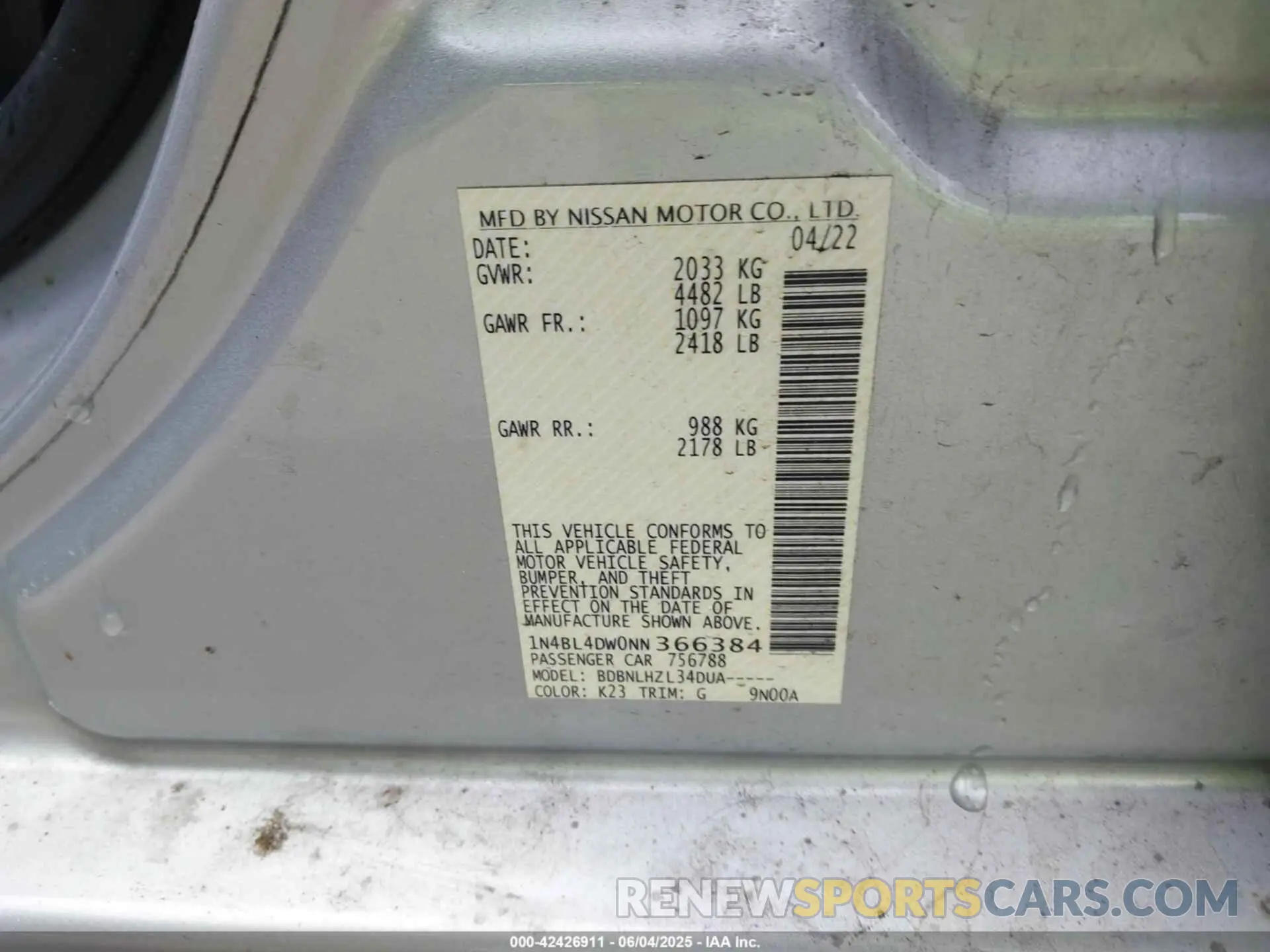9 Photograph of a damaged car 1N4BL4DW0NN366384 NISSAN ALTIMA 2022