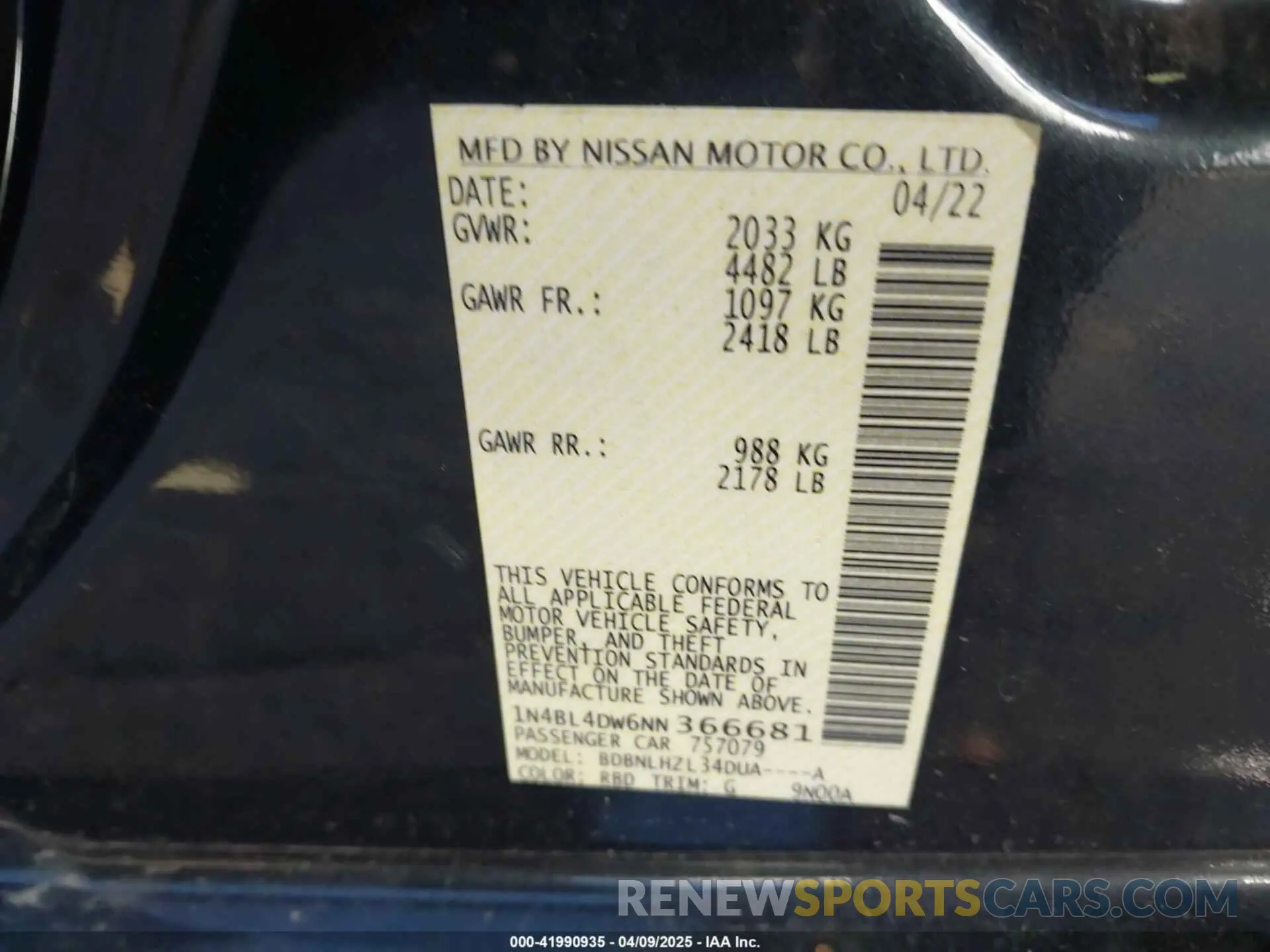 9 Photograph of a damaged car 1N4BL4DW6NN366681 NISSAN ALTIMA 2022