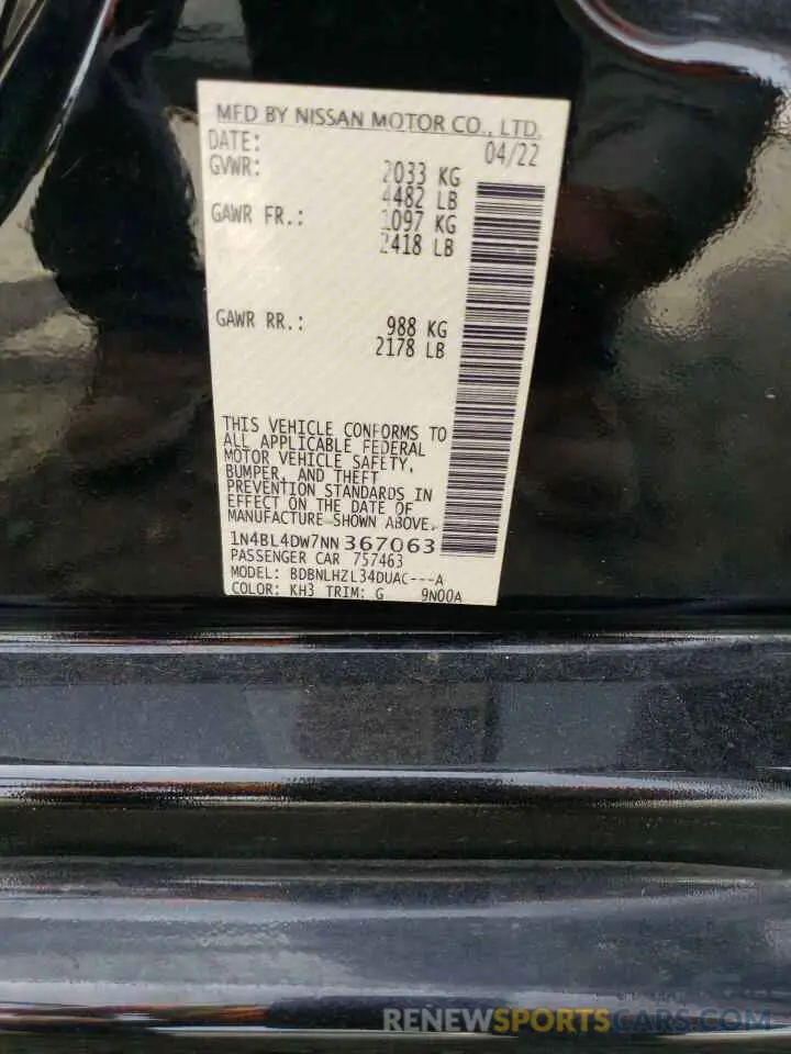 12 Photograph of a damaged car 1N4BL4DW7NN367063 NISSAN ALTIMA 2022