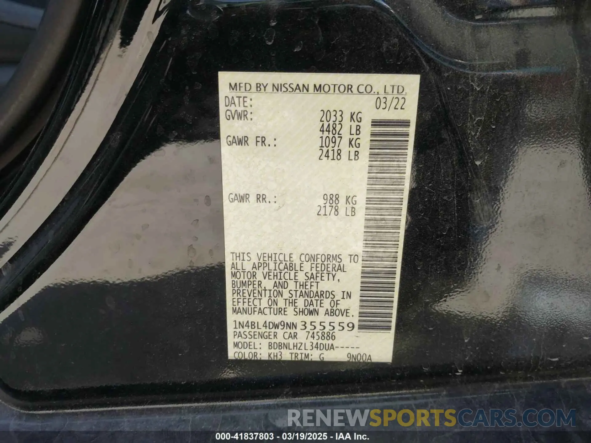 9 Photograph of a damaged car 1N4BL4DW9NN355559 NISSAN ALTIMA 2022