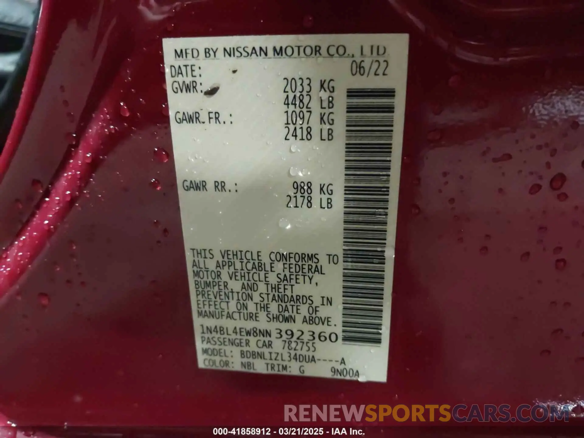 9 Photograph of a damaged car 1N4BL4EW8NN392360 NISSAN ALTIMA 2022