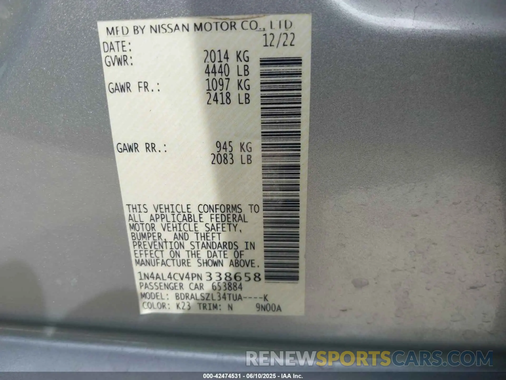 9 Photograph of a damaged car 1N4AL4CV4PN338658 NISSAN ALTIMA 2023