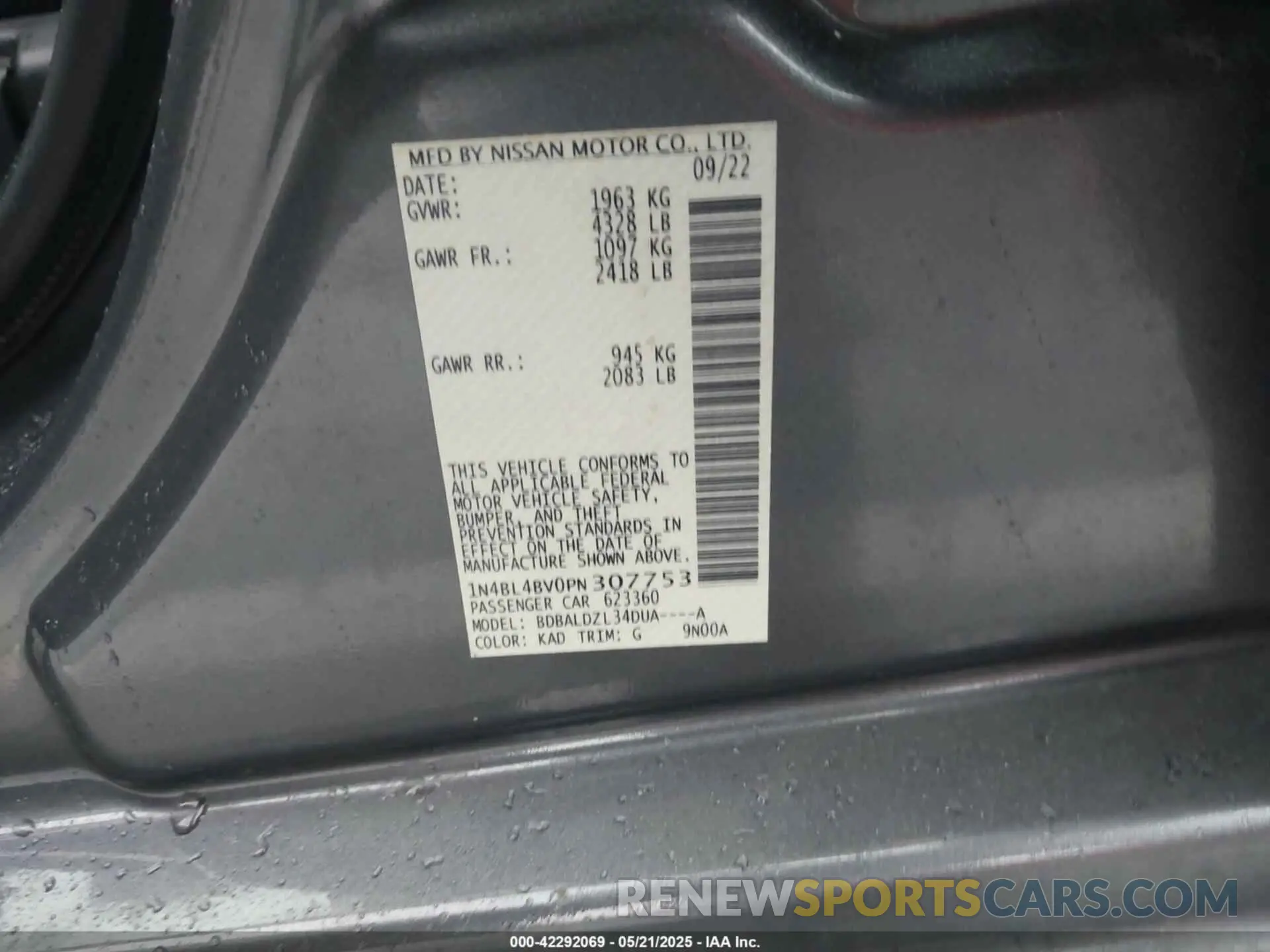 9 Photograph of a damaged car 1N4BL4BV0PN307753 NISSAN ALTIMA 2023