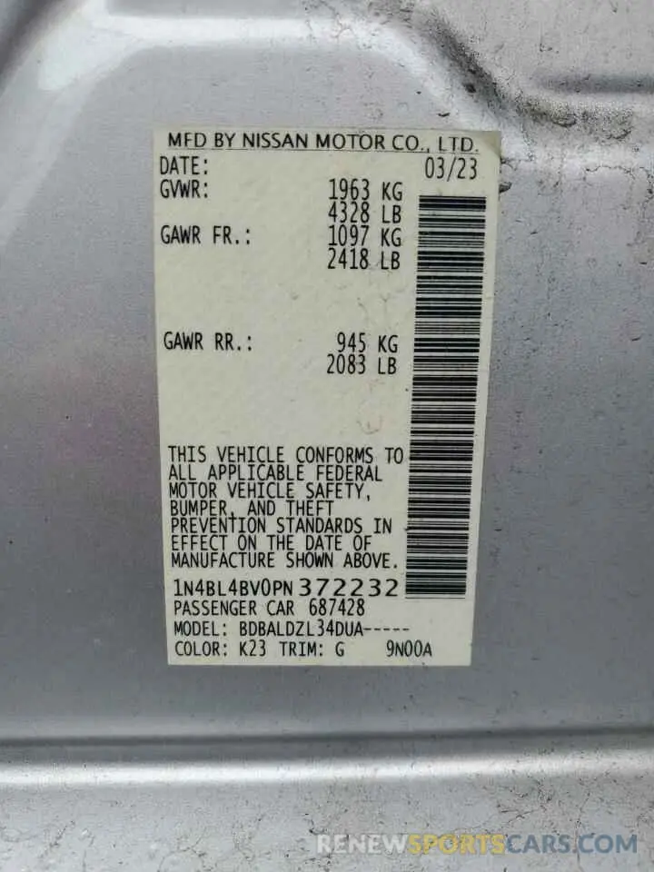 12 Photograph of a damaged car 1N4BL4BV0PN372232 NISSAN ALTIMA 2023